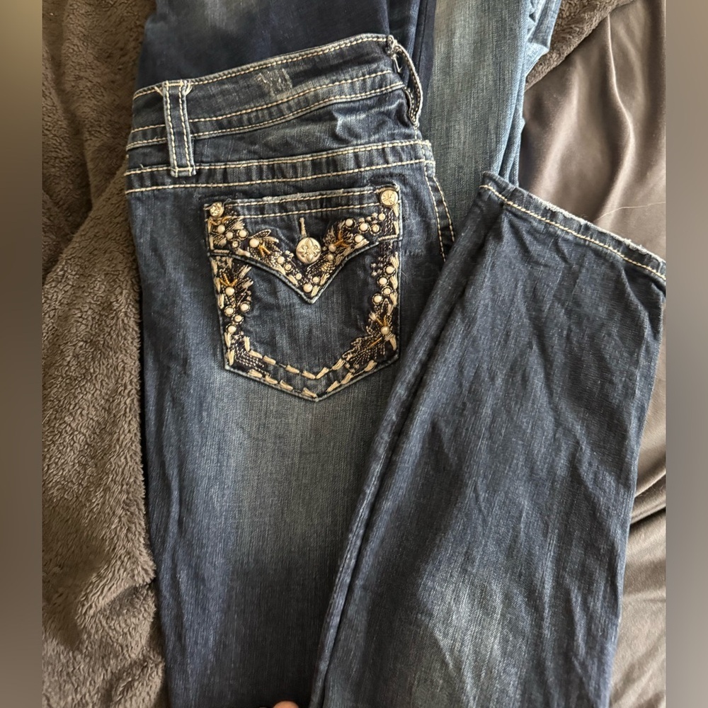 Miss Me Dark Blue Boot Cut Jeans with Gold Accents